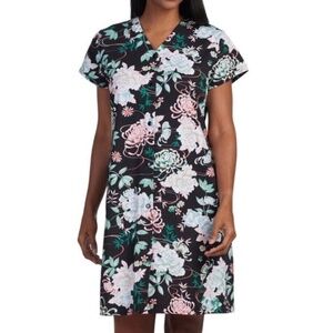 Miss Elaine Womens Short Sleeve Floral Snap Front Nightgown Gown Black Floral S